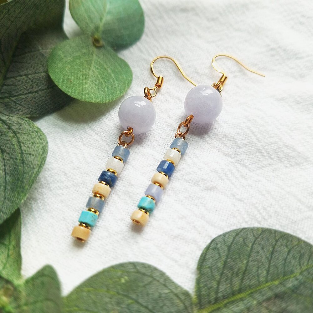 Coastal Aquamarine Turquoise Earrings – Boho Gold Dangles, Beachy Handmade - Picture 5 of 7